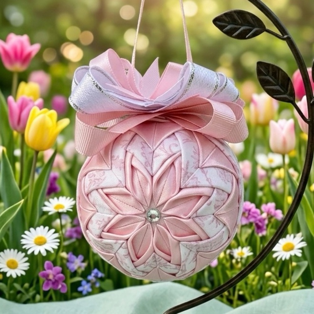 Pink and White Floral Flower Ribbon Bow Holiday Christmas Ornament